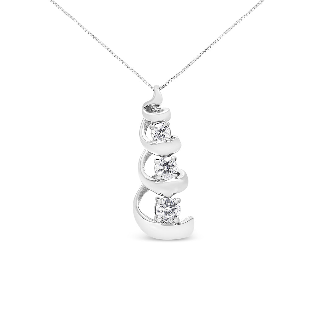 Front view of a white metal necklace pendant with a spiral design featuring three round white gemstones in prong settings.