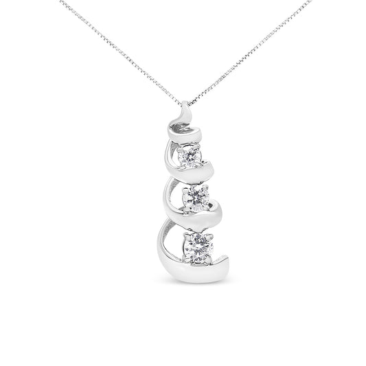 Front view of a white metal necklace pendant with a spiral design featuring three round white gemstones in prong settings.