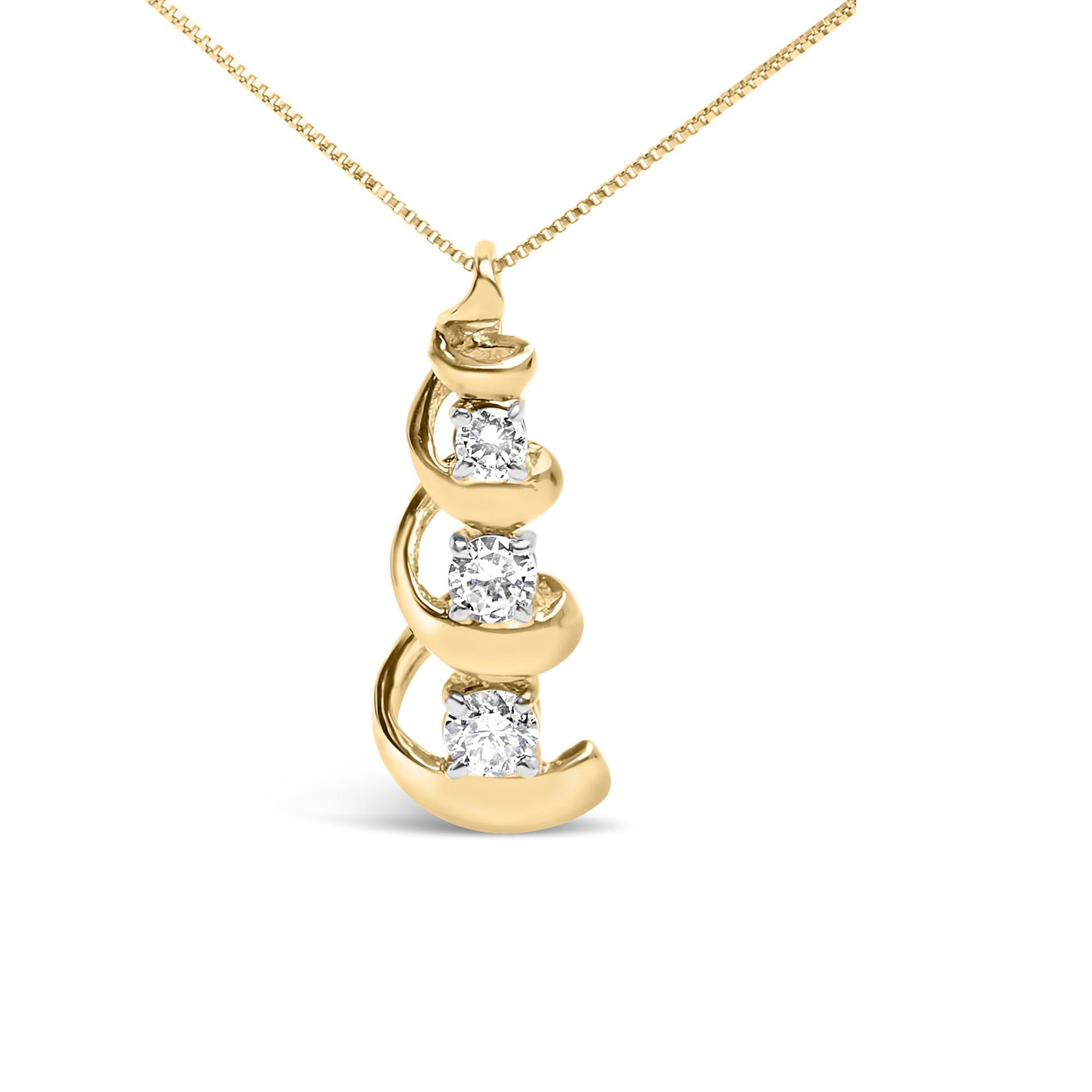 Yellow metal necklace with a pendant featuring three round white gemstones in prong settings, shown in a front-facing close-up angle.