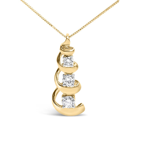 Yellow metal necklace with a pendant featuring three round white gemstones in prong settings, shown in a front-facing close-up angle.