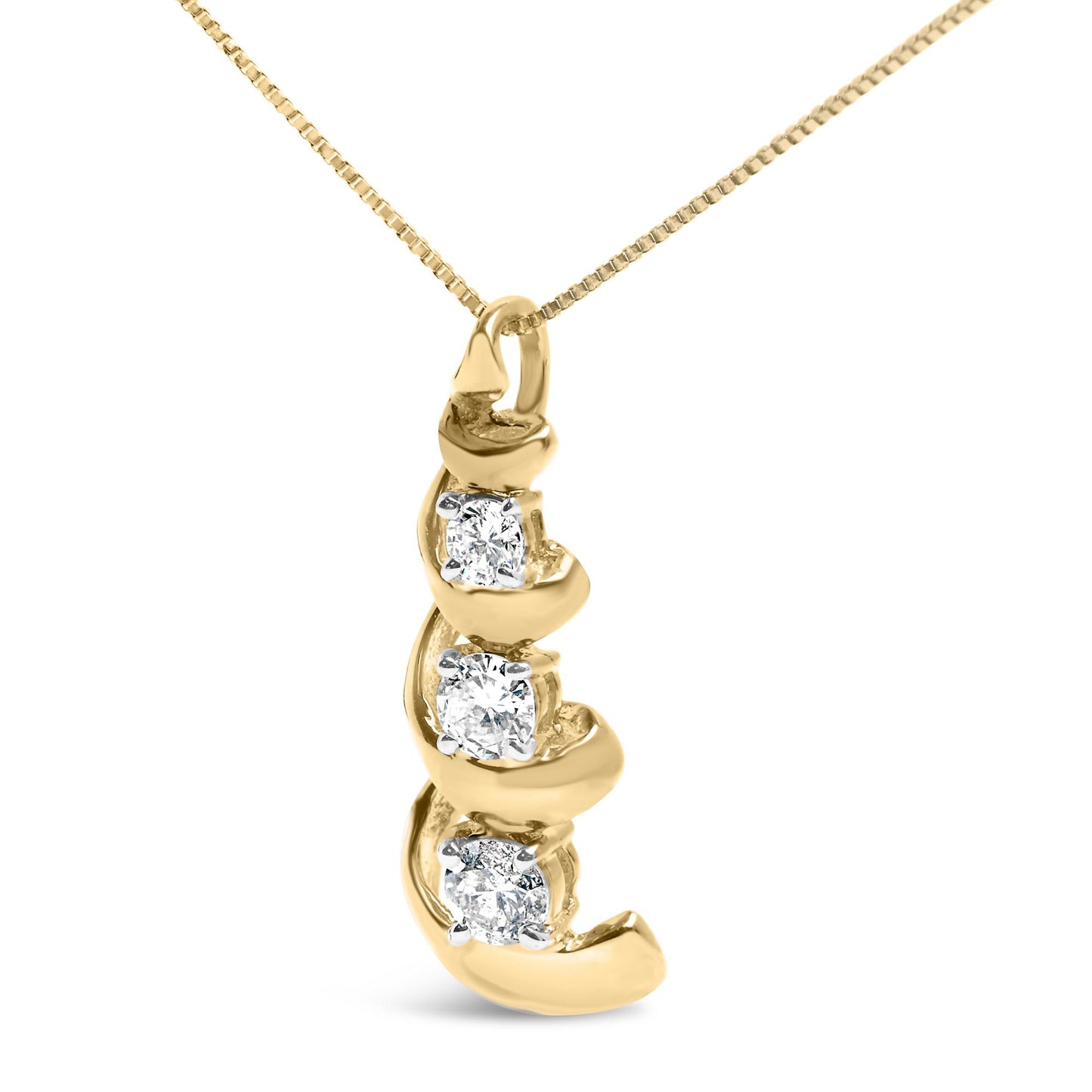 Close-up front angle of a yellow metal necklace pendant featuring three round white gemstones set in prongs along a curved design.