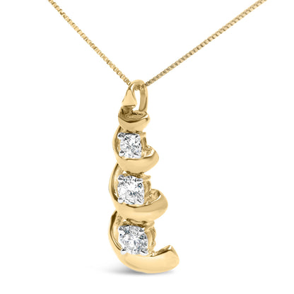 Close-up front angle of a yellow metal necklace pendant featuring three round white gemstones set in prongs along a curved design.