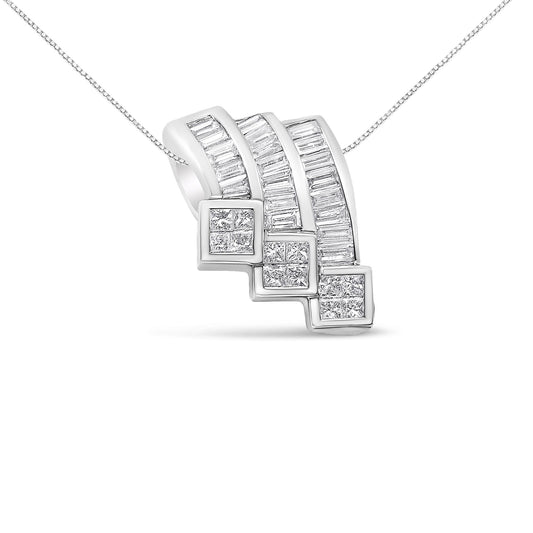 Front-facing close-up of a white metal necklace pendant with three curved rows accented by baguette-shaped white gemstones in a channel setting and three square clusters of princess-shaped white gemstones in an invisible setting.