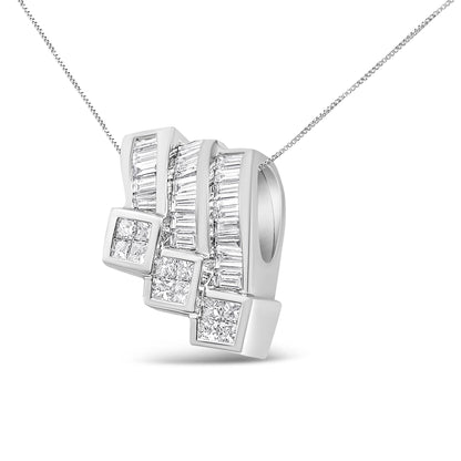 Close-up front angled view of a white metal necklace pendant featuring three curved columns. Each column is adorned with vertically set baguette-shaped white gemstones in channel settings and square clusters of princess-shaped white gemstones in invisible settings at the bottom. The pendant is shown on a white metal chain against a white background.