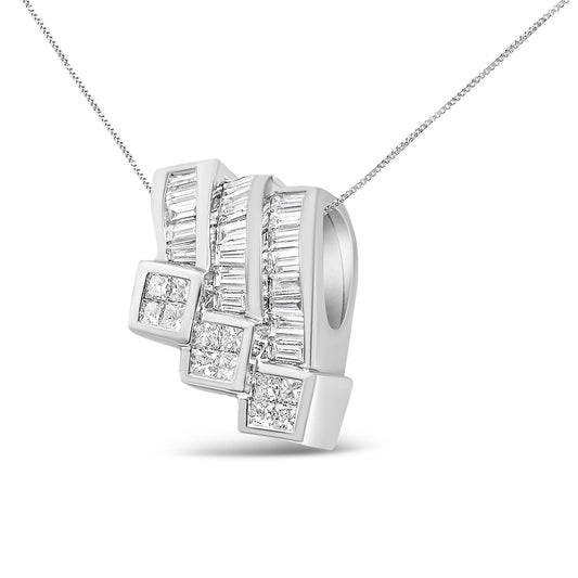 Close-up front angled view of a white metal necklace pendant featuring three curved columns. Each column is adorned with vertically set baguette-shaped white gemstones in channel settings and square clusters of princess-shaped white gemstones in invisible settings at the bottom. The pendant is shown on a white metal chain against a white background.