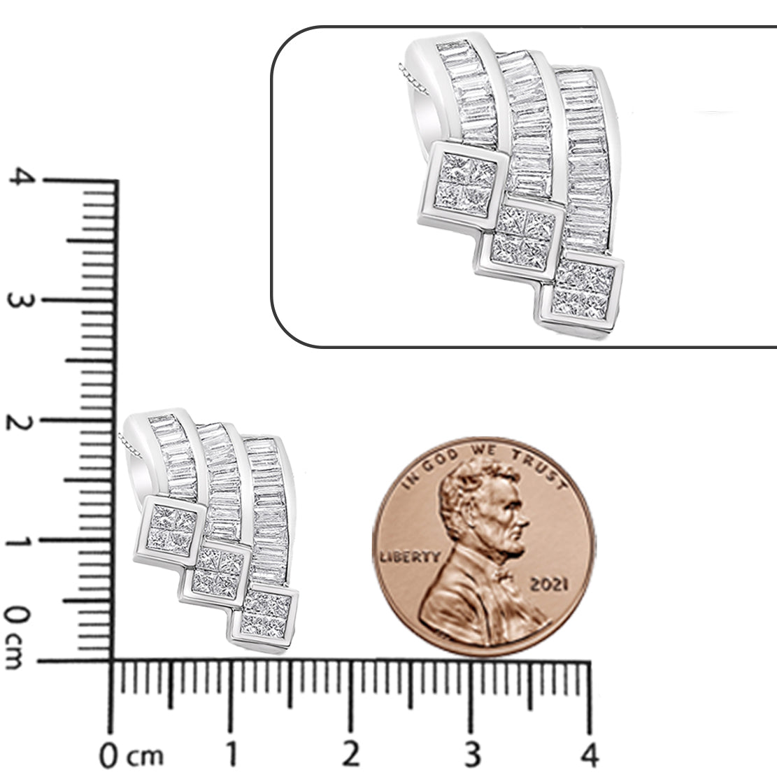 White metal necklace shown on a scale from a top-down angle, featuring three curved rows with baguette-shaped gemstones in channel settings and square sections with princess-shaped gemstones in invisible settings.