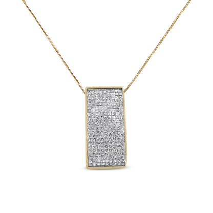 Front view of a yellow metal necklace with a rectangular pendant covered in multiple rows of white princess-shaped gemstones in an invisible setting.