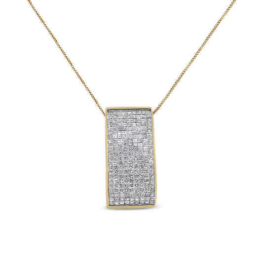 Front view of a yellow metal necklace with a rectangular pendant covered in multiple rows of white princess-shaped gemstones in an invisible setting.