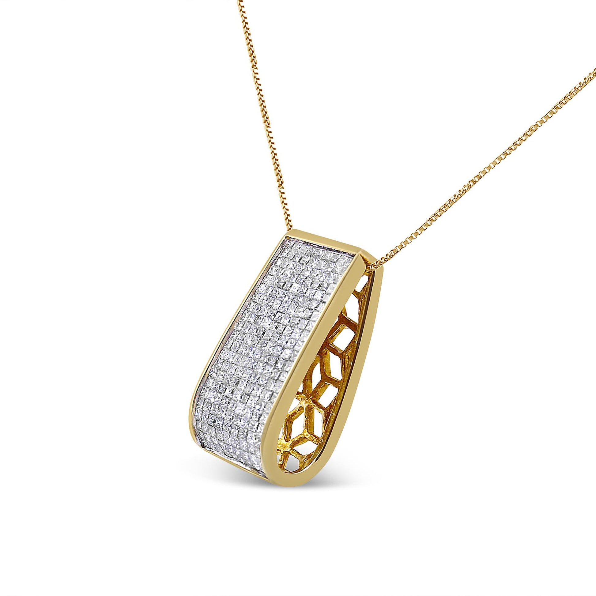 Yellow metal necklace with a curved rectangular pendant featuring white princess-shaped gemstones in an invisible setting, shown at a three-quarter angle.