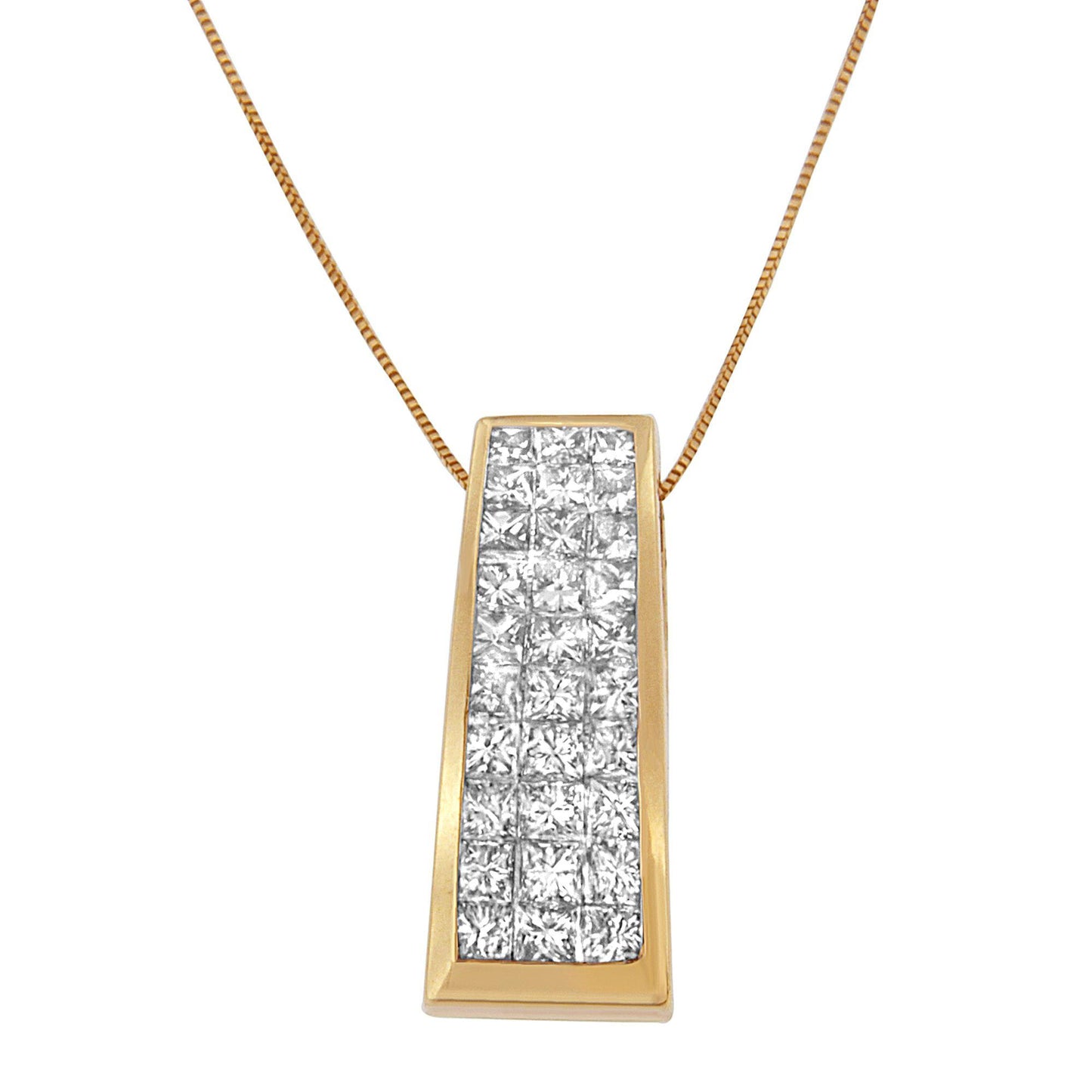 Front view of a yellow metal necklace pendant featuring a rectangular shape adorned with multiple white princess-shaped gemstones in an invisible setting.