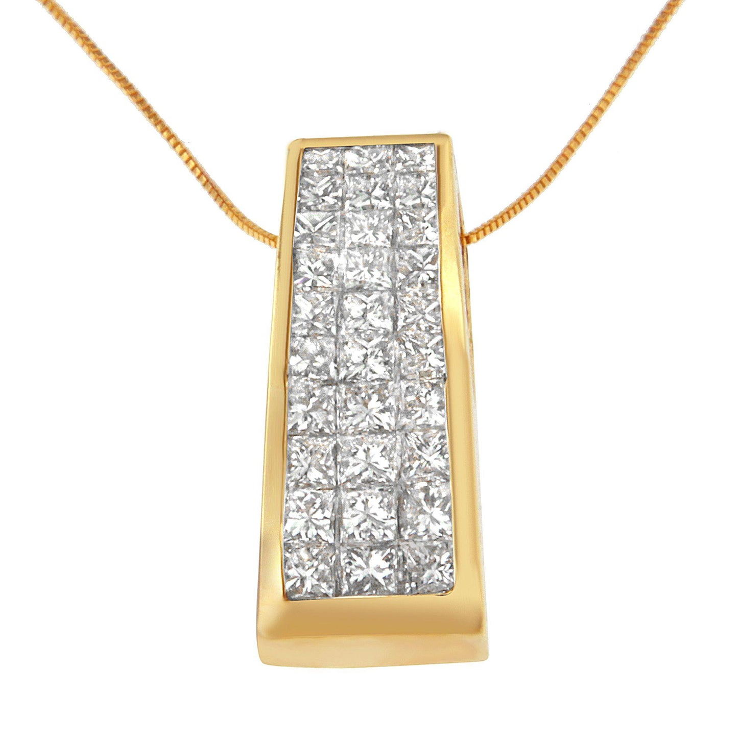 Close-up front view of a yellow necklace pendant featuring multiple white princess-shaped gemstones set invisibly in a tapered rectangular design.