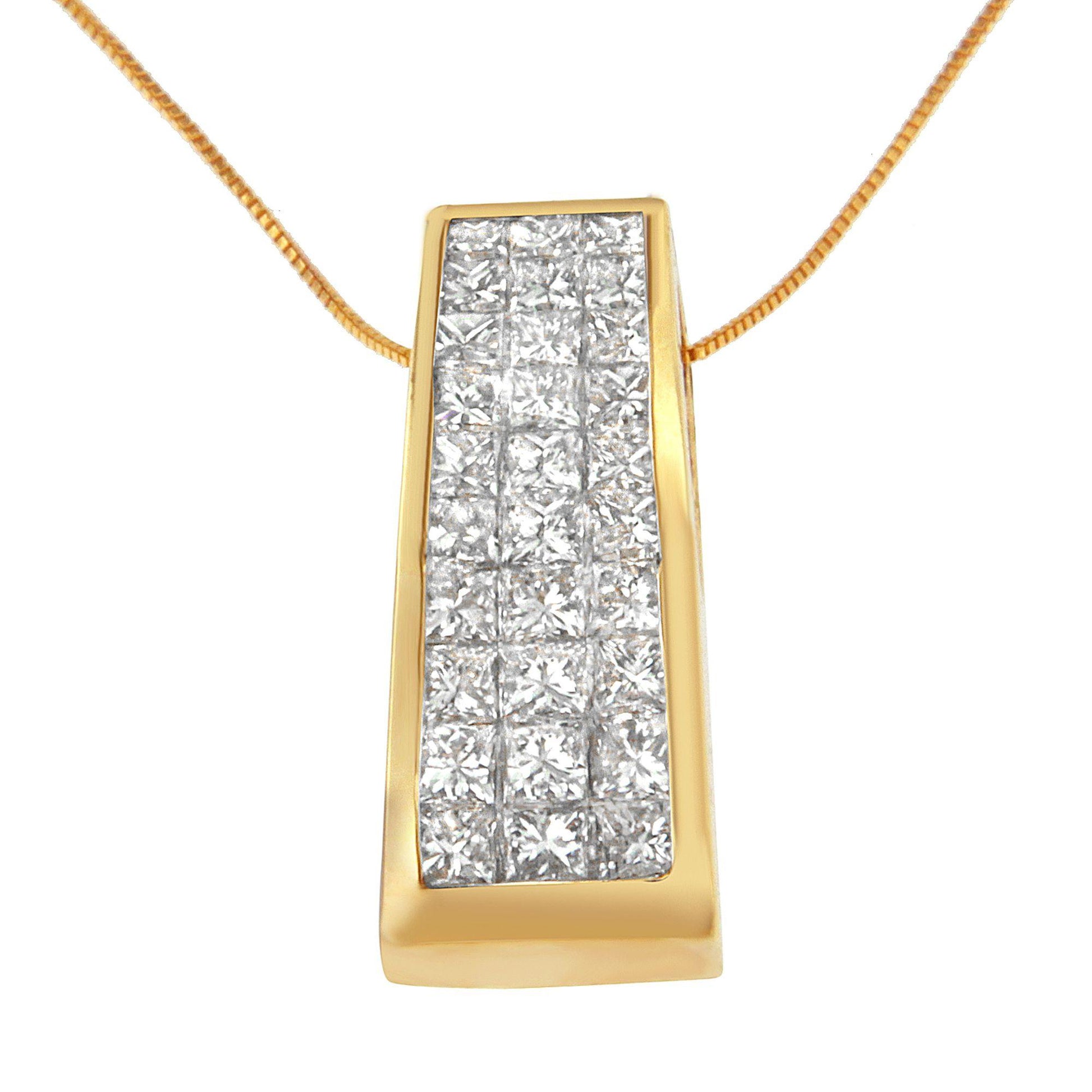 Close-up front view of a yellow necklace pendant featuring multiple white princess-shaped gemstones set invisibly in a tapered rectangular design.