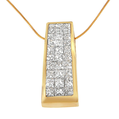 Close-up front view of a yellow necklace pendant featuring multiple white princess-shaped gemstones set invisibly in a tapered rectangular design.