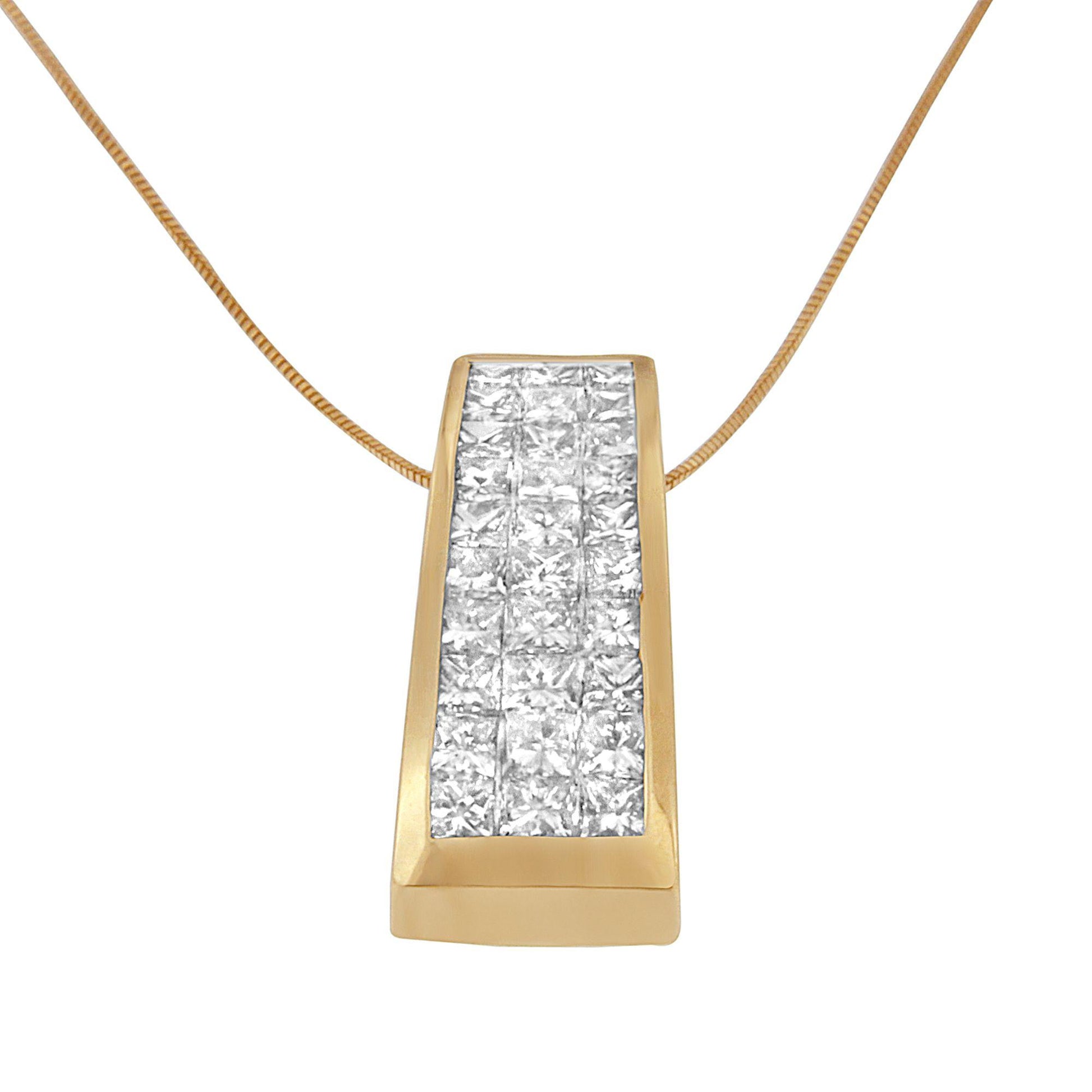 Yellow metal necklace with a trapezoid-shaped pendant set with multiple white princess-shaped gemstones in an invisible setting, shown in a front-facing close-up angle.