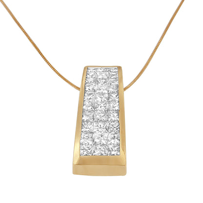 Yellow metal necklace with a trapezoid-shaped pendant set with multiple white princess-shaped gemstones in an invisible setting, shown in a front-facing close-up angle.