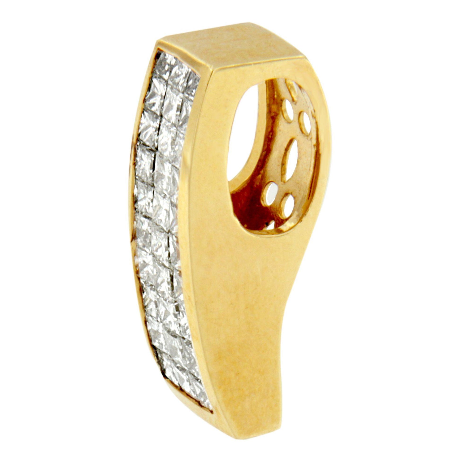 Yellow necklace pendant with a curved rectangular shape, featuring rows of white princess-shaped gemstones in an invisible setting, shown against a white background from a side angle.