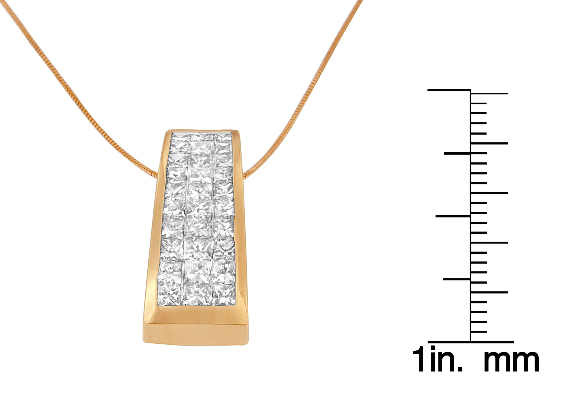 Front view of a yellow necklace pendant with multiple white princess shape gemstones in invisible setting, shown next to a ruler for size reference.
