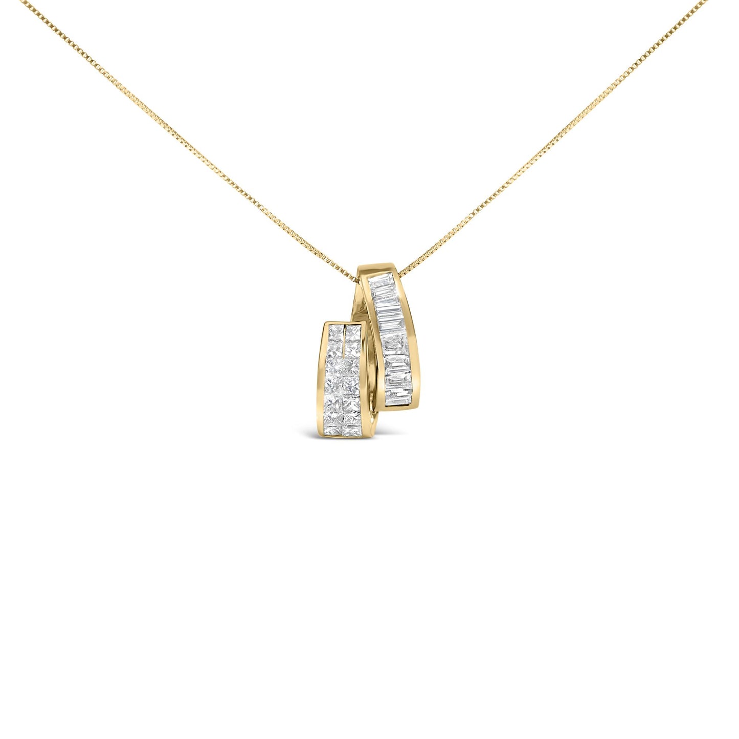 Yellow metal necklace with two curved pendant pieces, one set with white baguette-shaped gemstones in a channel setting and the other with white princess-shaped gemstones in an invisible setting, shown in a front-facing close-up angle.