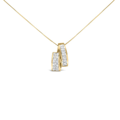 Yellow metal necklace with two curved pendant pieces, one set with white baguette-shaped gemstones in a channel setting and the other with white princess-shaped gemstones in an invisible setting, shown in a front-facing close-up angle.