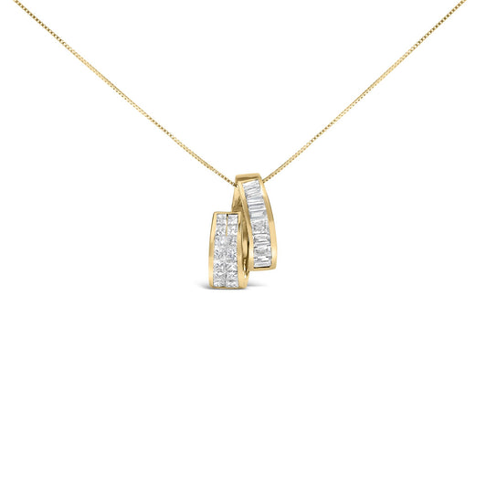 Yellow metal necklace with two curved pendant pieces, one set with white baguette-shaped gemstones in a channel setting and the other with white princess-shaped gemstones in an invisible setting, shown in a front-facing close-up angle.