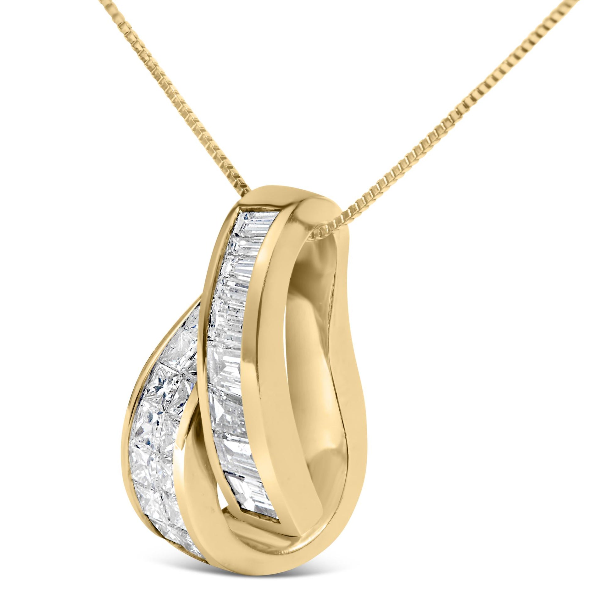 Close-up front angle of a yellow metal necklace pendant featuring white baguette-shaped gemstones in a channel setting and white princess-shaped gemstones in an invisible setting.