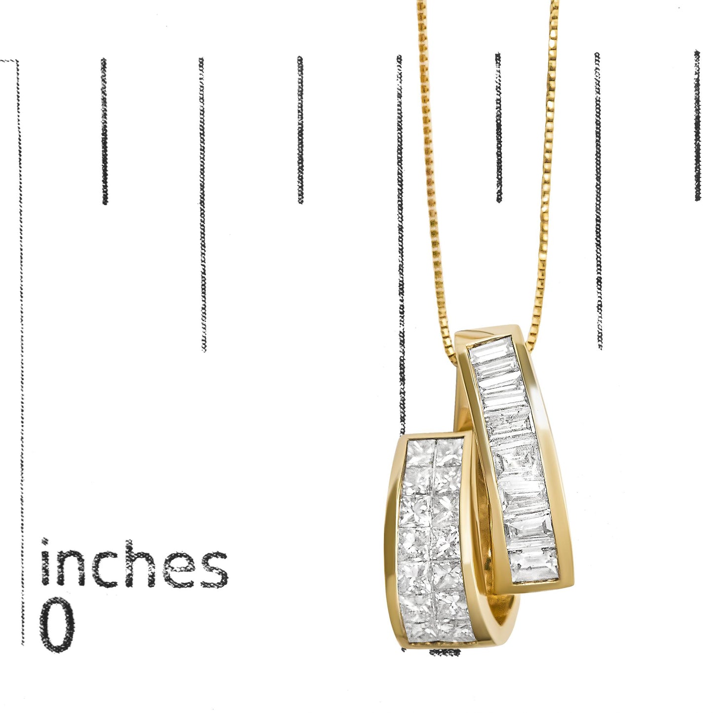 Close-up front angle of a yellow metal necklace pendant with two overlapping bars, one set with channel-set white baguette-shaped gemstones and the other with invisible-set white princess-shaped gemstones, shown on a ruler for size reference.