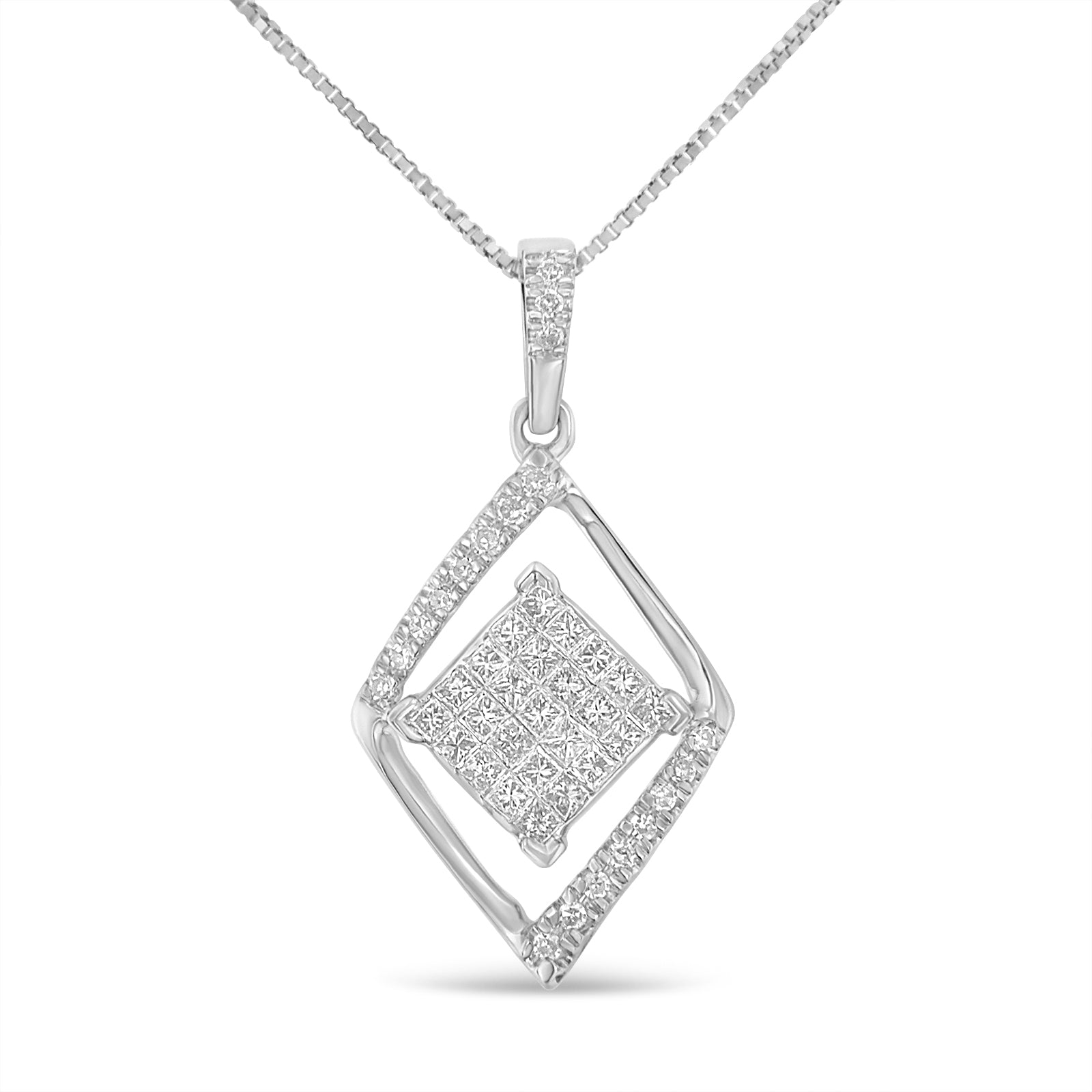 Front view of a white metal necklace with a pendant featuring a geometric design. The pendant has a square center set with white gemstones in a prong and channel setting, surrounded by an asymmetrical diamond-shaped frame also adorned with white gemstones.