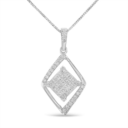 Front view of a white metal necklace with a pendant featuring a geometric design. The pendant has a square center set with white gemstones in a prong and channel setting, surrounded by an asymmetrical diamond-shaped frame also adorned with white gemstones.