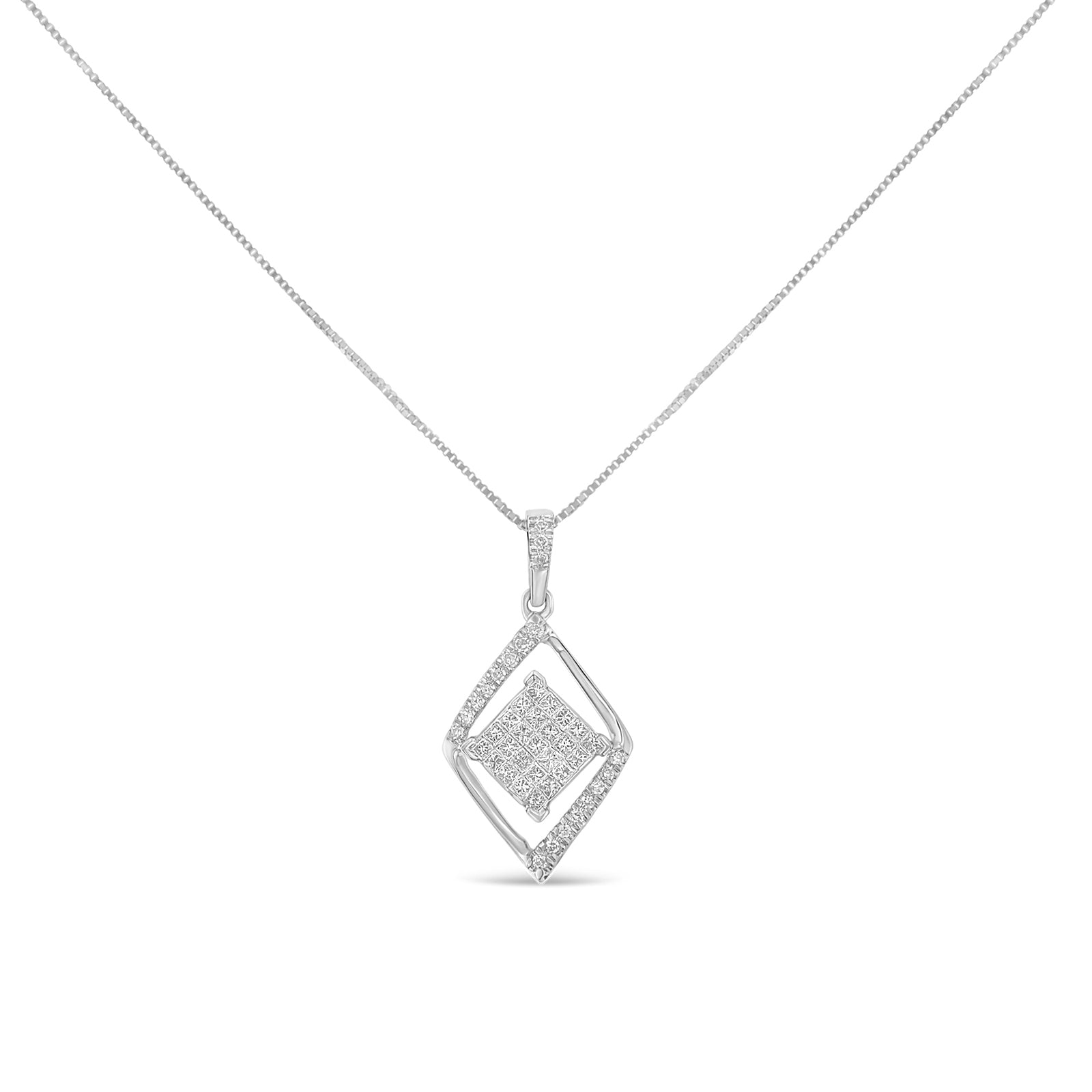 Front view of white metal necklace with a diamond-shaped pendant featuring round prong-set white gemstones around the outer frame and princess channel-set white gemstones in the center.