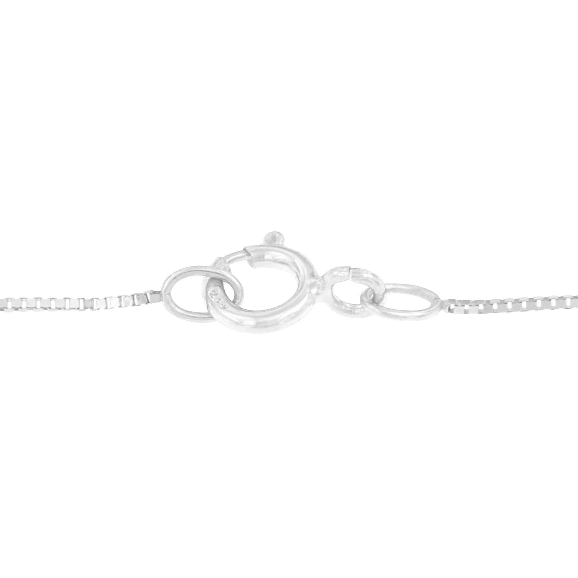 Close-up front view of a white metal necklace clasp, showing interlocking round rings with visible chain links on a white background.