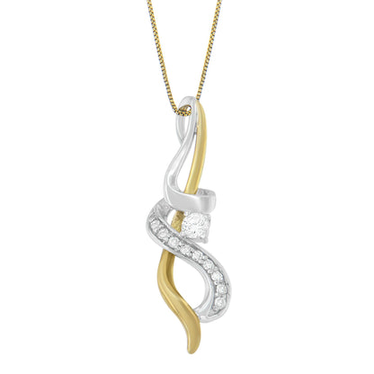 Close-up front view of a two-tone necklace pendant with yellow and white metal intertwined curves, featuring white round gemstones set in a prong setting along one curve.