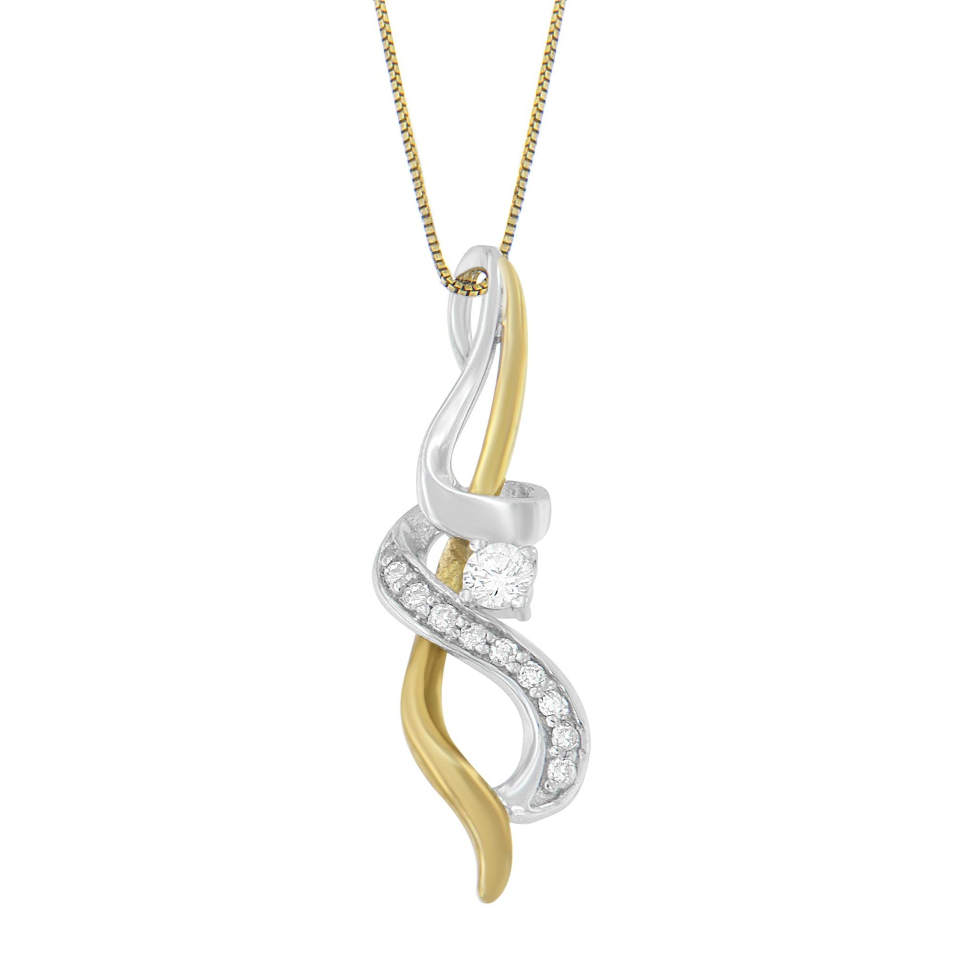 Pendant necklace with intertwined yellow and white metal strands, featuring a row of small white gemstones and a single larger round white gemstone, shown in a front-facing close-up angle.