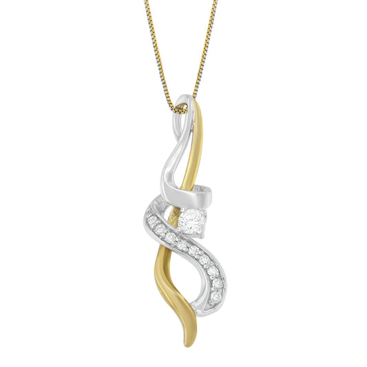 Pendant necklace with intertwined yellow and white metal strands, featuring a row of small white gemstones and a single larger round white gemstone, shown in a front-facing close-up angle.