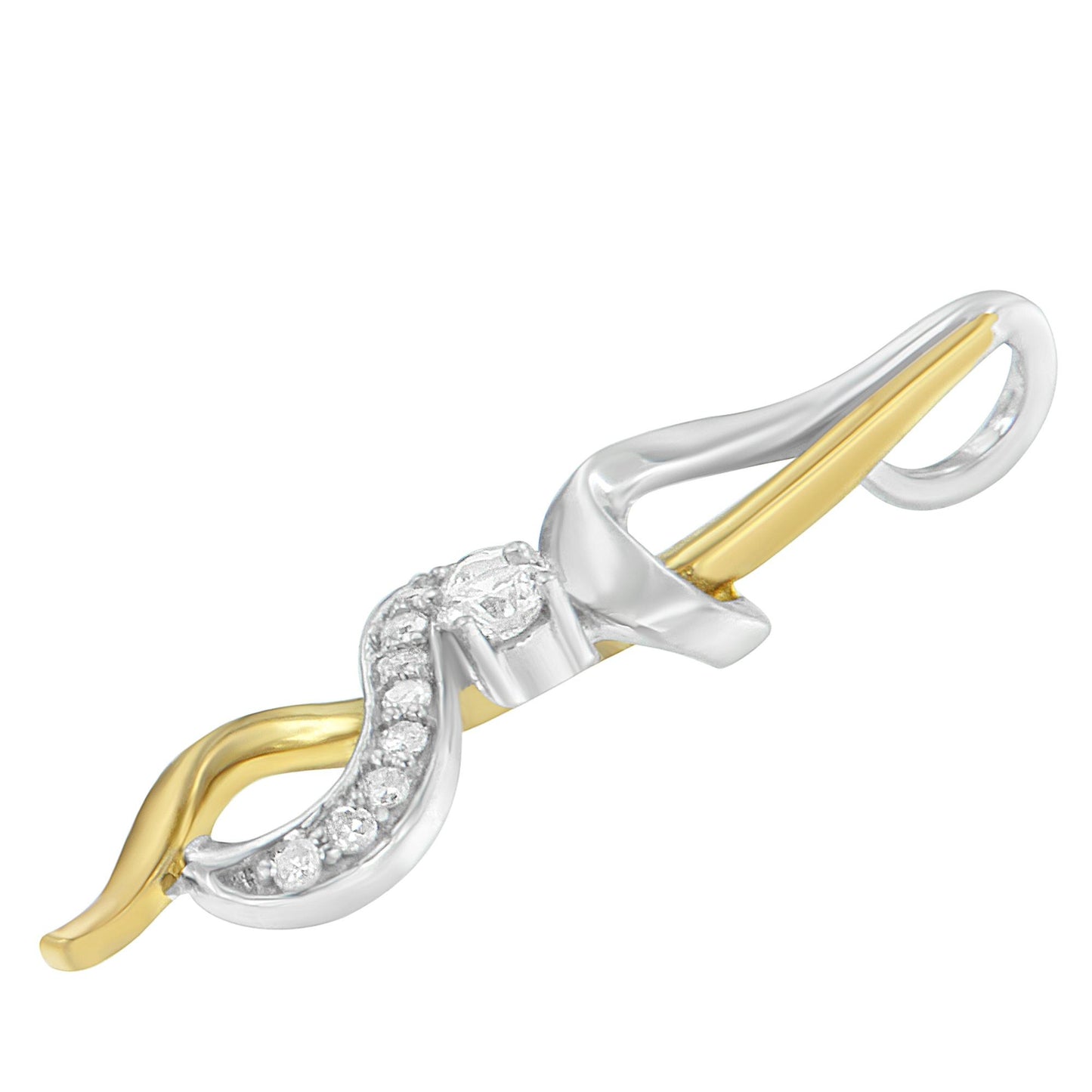 Close-up angled view of a yellow and white metal necklace pendant with a swirl design featuring a row of round white gemstones in prong settings.