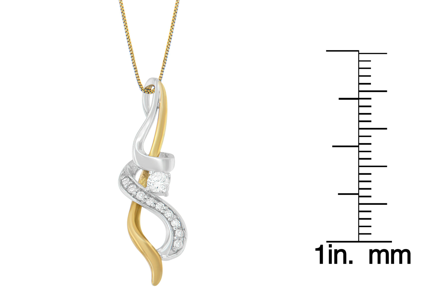Close-up front angle of a two-tone necklace pendant with intertwining yellow and white metal strands, featuring round prong-set white gemstones, displayed next to a ruler for size reference.