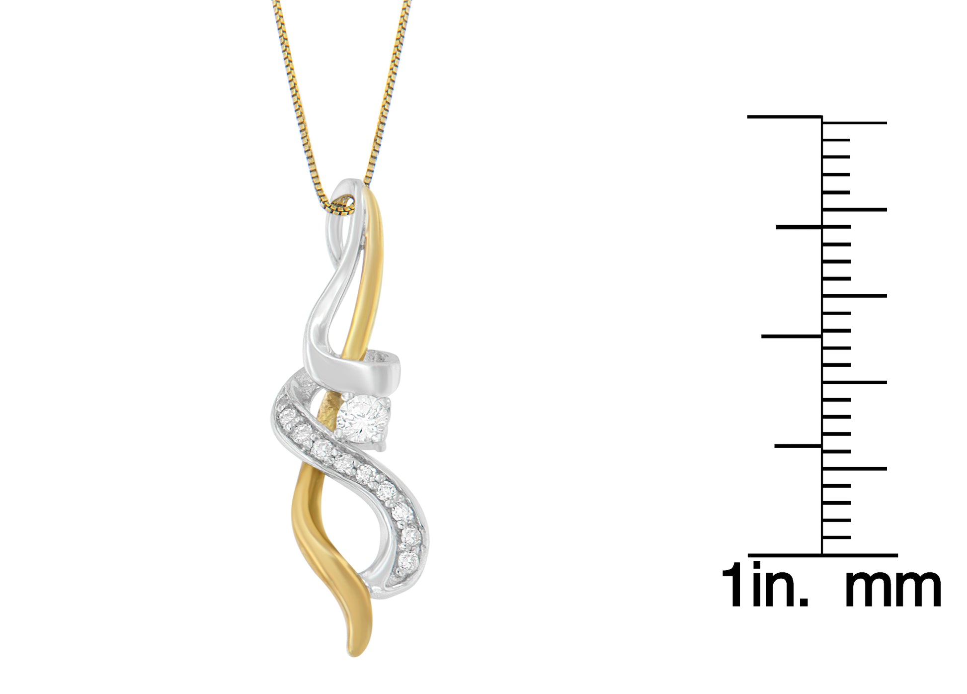 Close-up front angle of a two-tone necklace pendant with intertwining yellow and white metal strands, featuring round prong-set white gemstones, displayed next to a ruler for size reference.