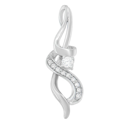 Close-up front view of a white metal necklace pendant with a twisted design featuring round prong-set white gemstones.