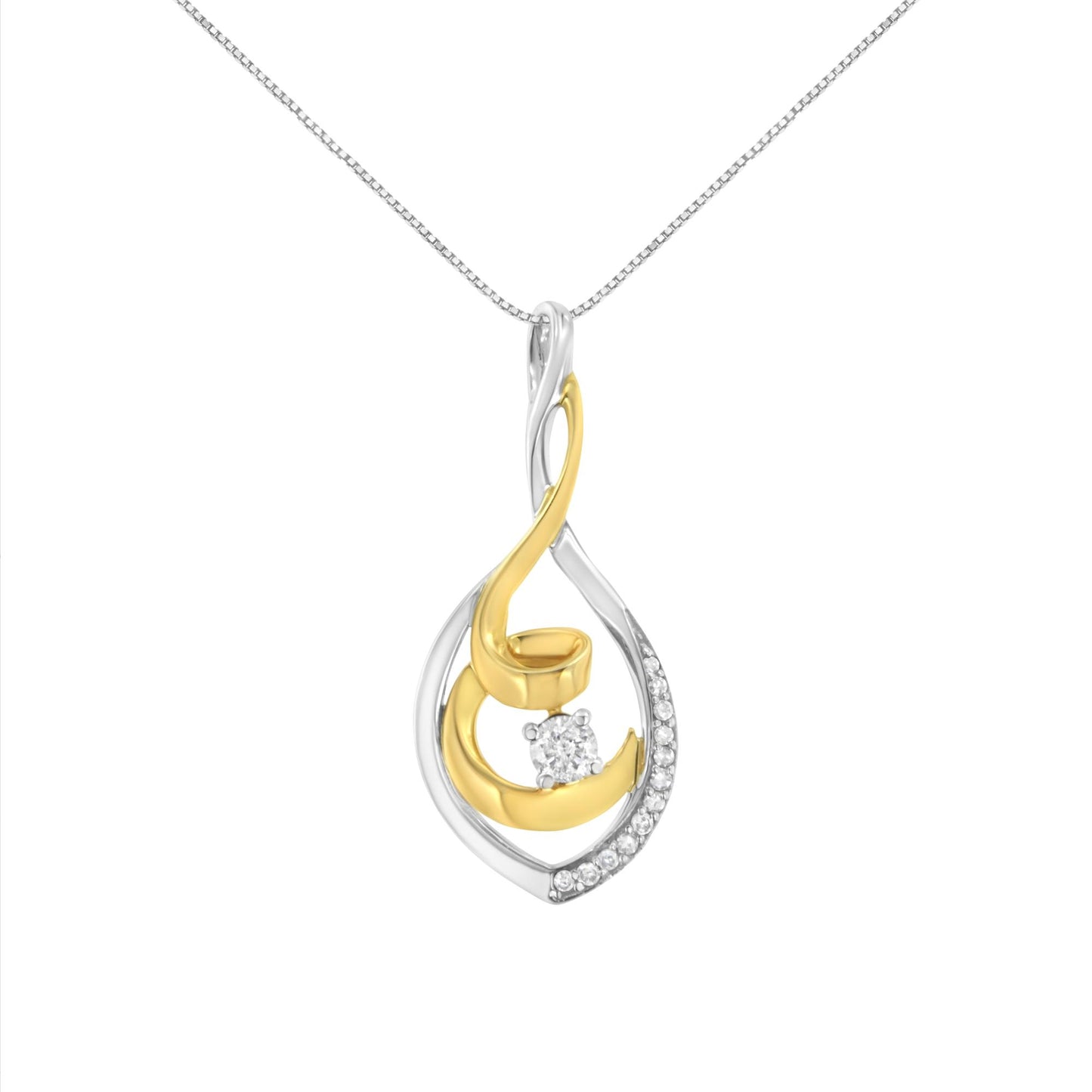 Front view of a two-tone necklace pendant with intertwined yellow and white metal featuring one central white gemstone and a curved row of small white gemstones on the white metal part.