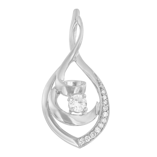 White metal necklace pendant with twisted open teardrop shape, featuring a central round white gemstone and a curved row of smaller round white gemstones, shown from the front angle.