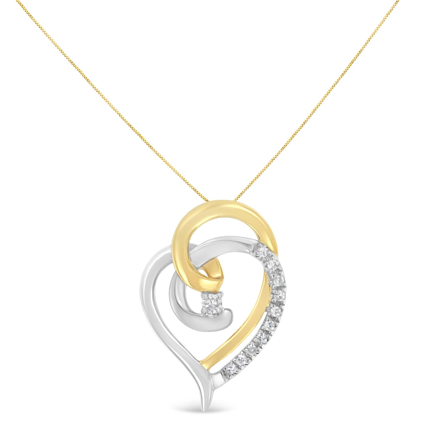 Front view of two-toned necklace with a heart-shaped pendant featuring intertwined loops, one adorned with multiple white gemstones and one with a single white gemstone, on a fine chain.
