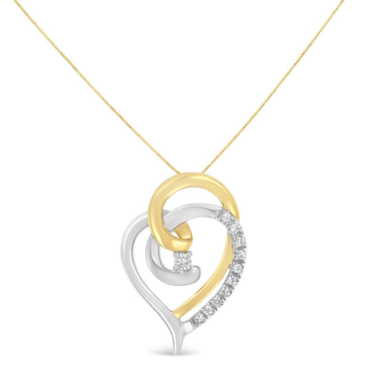Front view of two-toned necklace with a heart-shaped pendant featuring intertwined loops, one adorned with multiple white gemstones and one with a single white gemstone, on a fine chain.