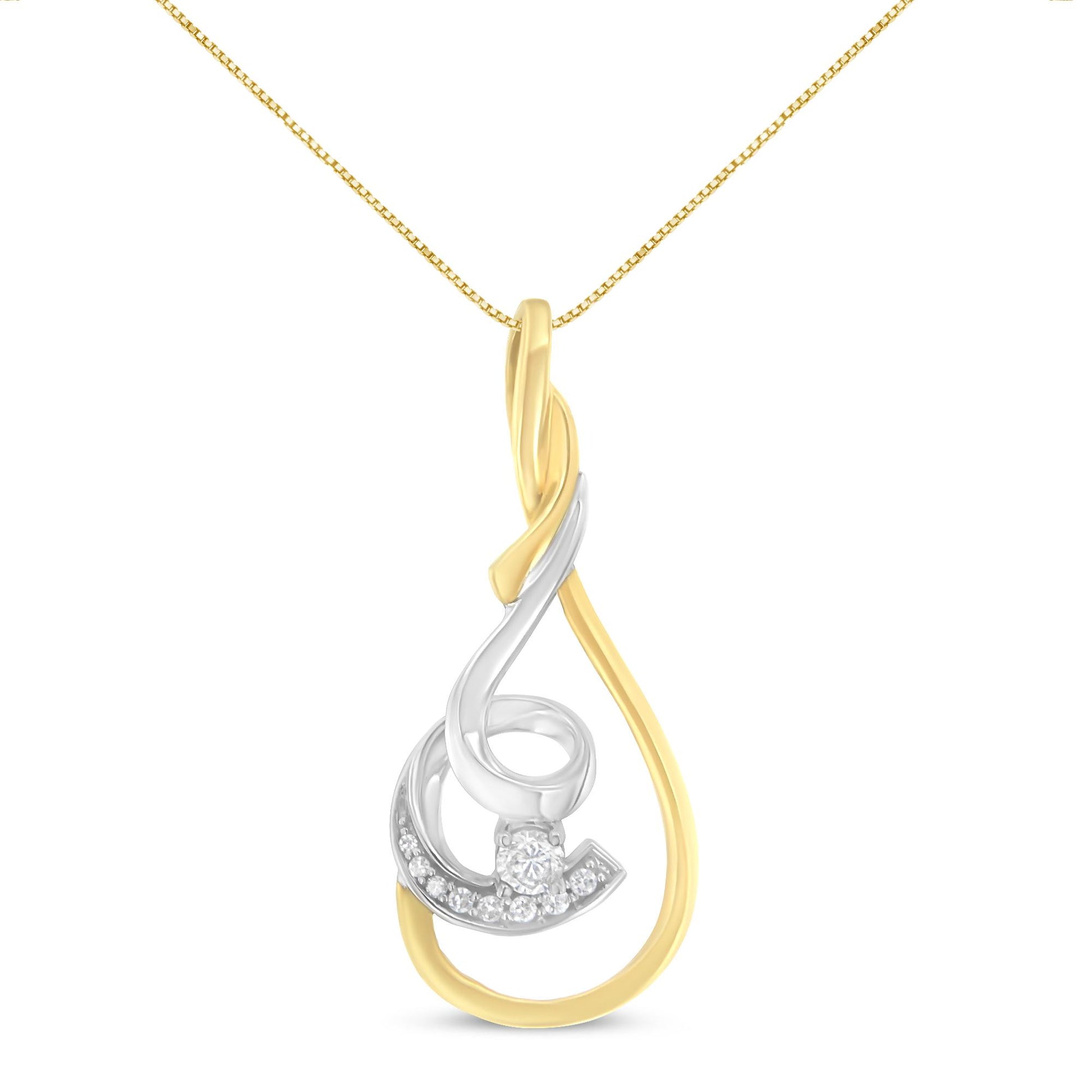 Two-toned necklace pendant with intertwined smooth curves and small round white gemstones in prong settings, shown in a front-facing angle.