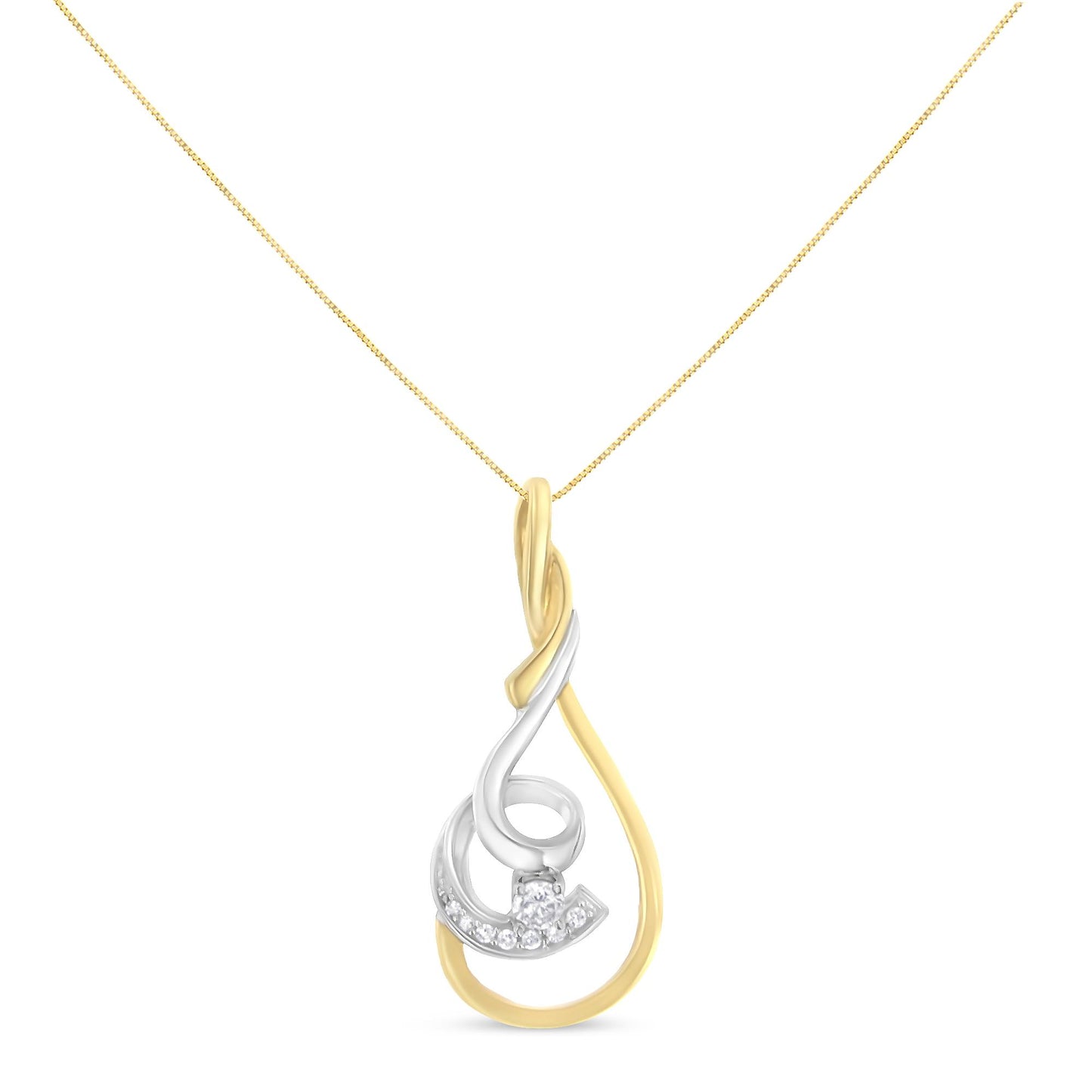 Front view of two-toned necklace with an abstract, looping pendant featuring round white gemstones in prong settings.