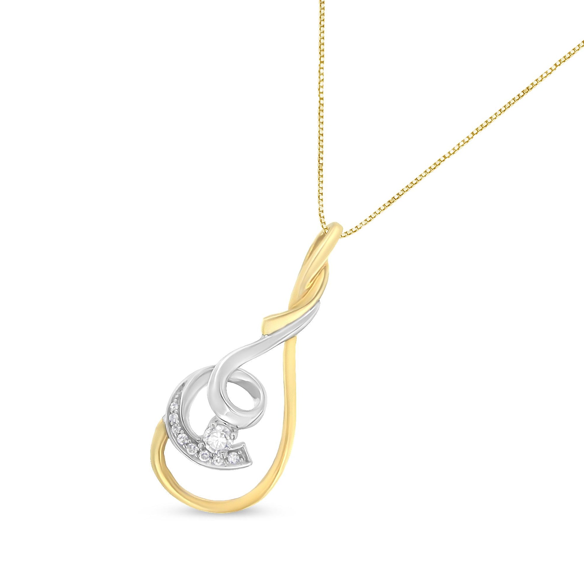 Two-toned necklace pendant with intertwined loop design featuring nine round white gemstones in prong settings, shown from a front angle.