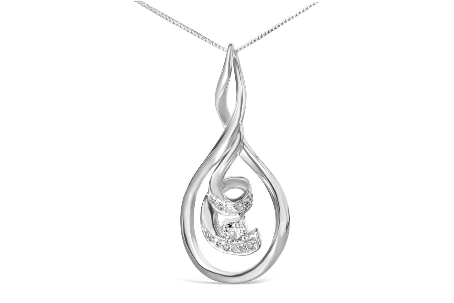 Front view of a white metal necklace pendant with a twisted loop design featuring one central round white gemstone and several smaller round white gemstones in prong settings.