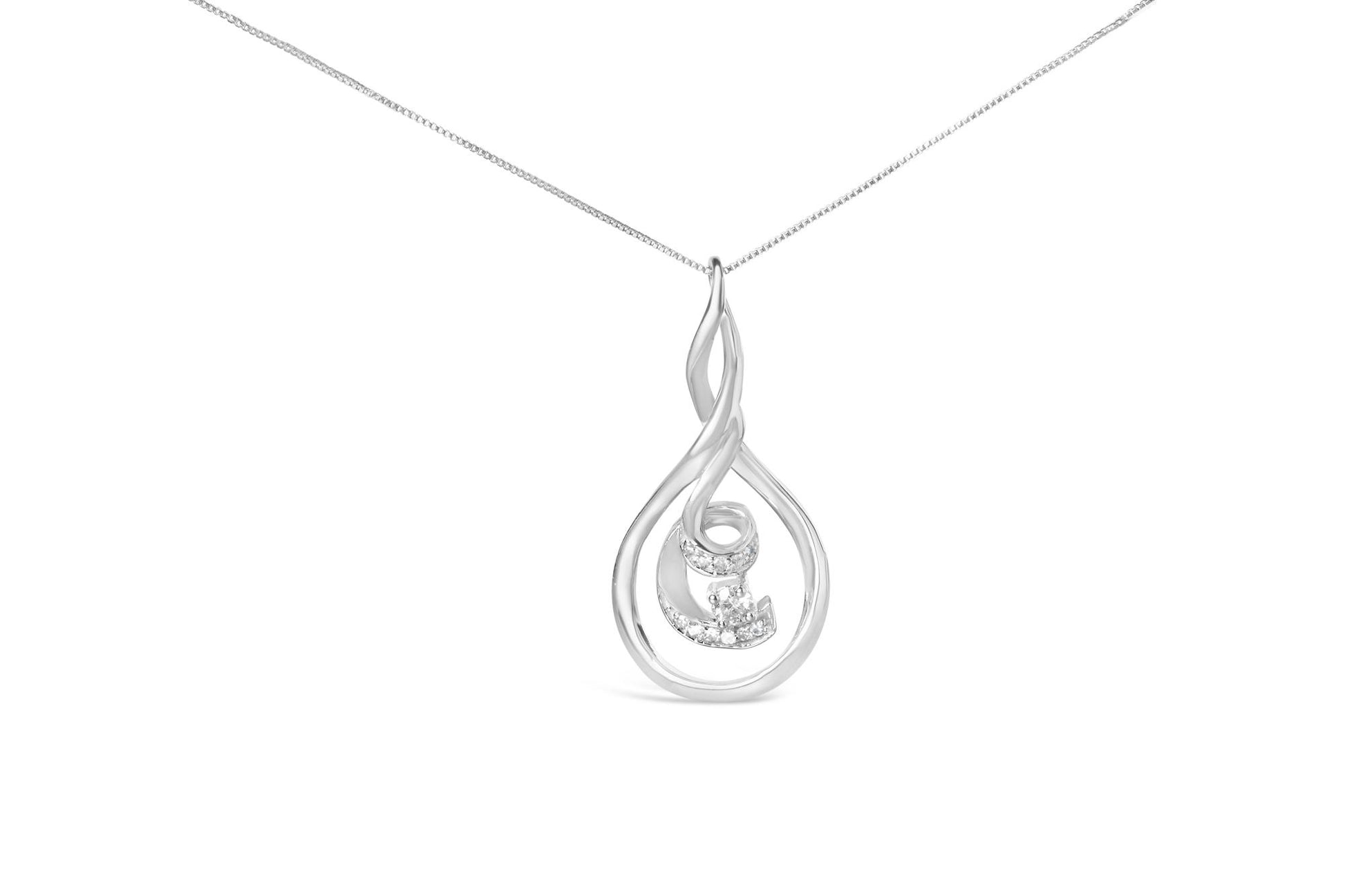 White metal necklace with a twisted loop pendant featuring one larger and multiple smaller round white gemstones in prong settings, shown in a front-facing view.