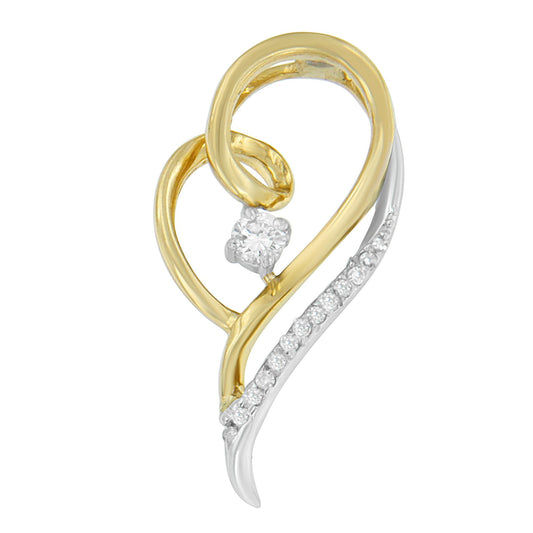 Close-up front view of a necklace pendant with intertwined yellow and white metal forming a heart shape, featuring one central round white gemstone and a curved line of smaller round white gemstones on the white metal portion.