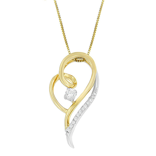 Front view of a necklace pendant featuring intertwined yellow and white metal in a heart-inspired design, set with one prong-set round white gemstone and a row of prong-set round white gemstones along the white metal curve.