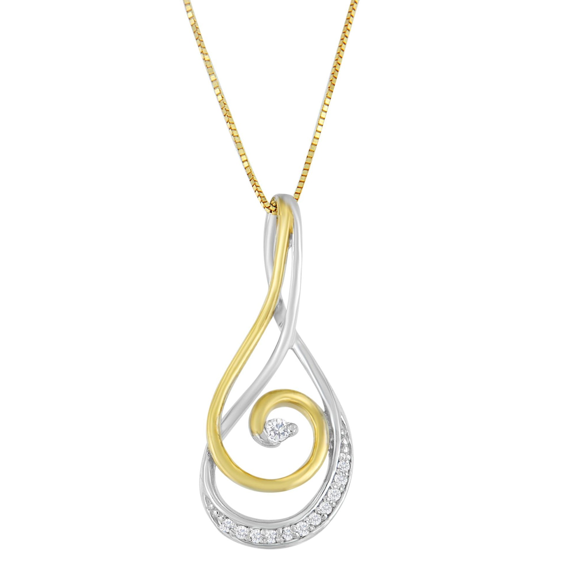 Front view of a two-toned necklace pendant with a swirl design featuring white round gemstones in prong settings.