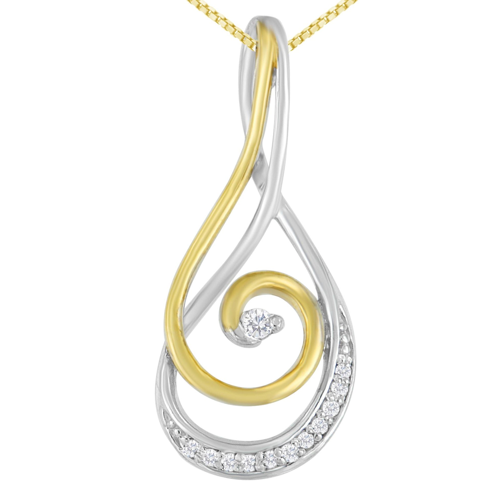 Close-up of a two-toned necklace pendant with a swirling design featuring a yellow metal swirl overlaying a silver metal background, accented with round white gemstones in prong settings; shot from the front.
